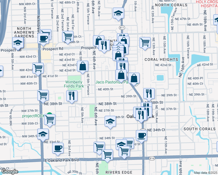 map of restaurants, bars, coffee shops, grocery stores, and more near 822 Northeast 40th Court in Oakland Park