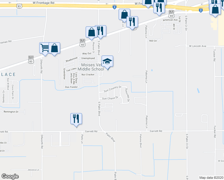 map of restaurants, bars, coffee shops, grocery stores, and more near 1602 Sun Down Drive in Harlingen