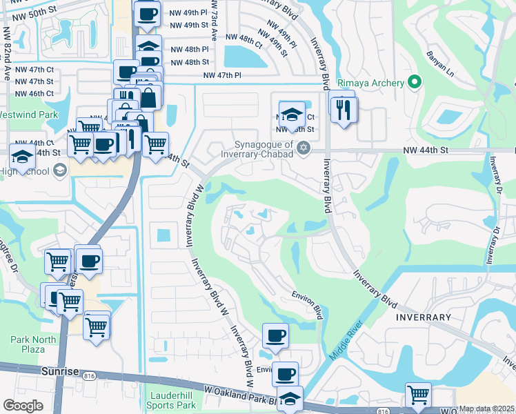 map of restaurants, bars, coffee shops, grocery stores, and more near 7051 Environ Boulevard in Lauderhill