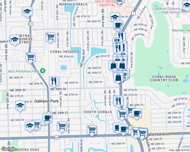 map of restaurants, bars, coffee shops, grocery stores, and more near 1710 Northeast 40th Court in Oakland Park