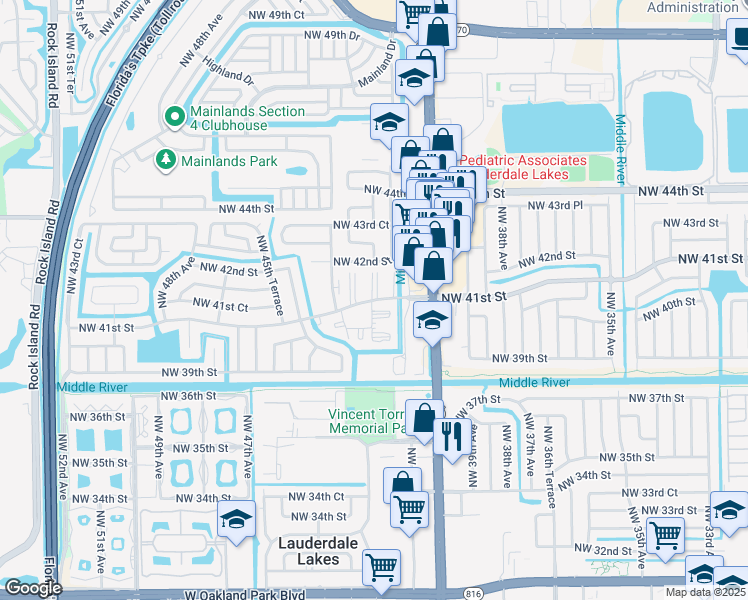 map of restaurants, bars, coffee shops, grocery stores, and more near 4281 Northwest 41st Street in Lauderdale Lakes