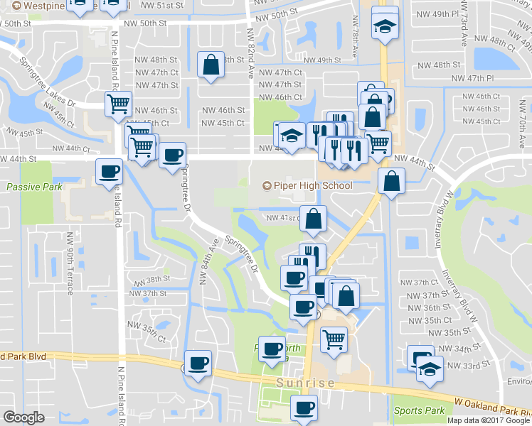 map of restaurants, bars, coffee shops, grocery stores, and more near 8053 Northwest 41st Court in Sunrise