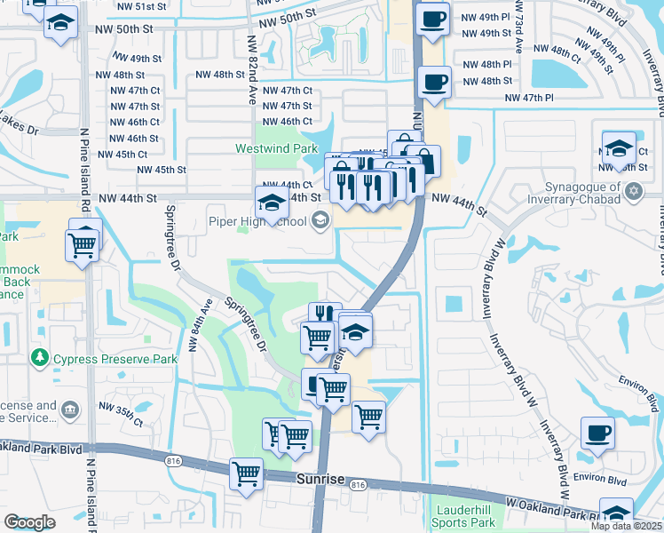 map of restaurants, bars, coffee shops, grocery stores, and more near 7877 Northwest 41st Court in Sunrise