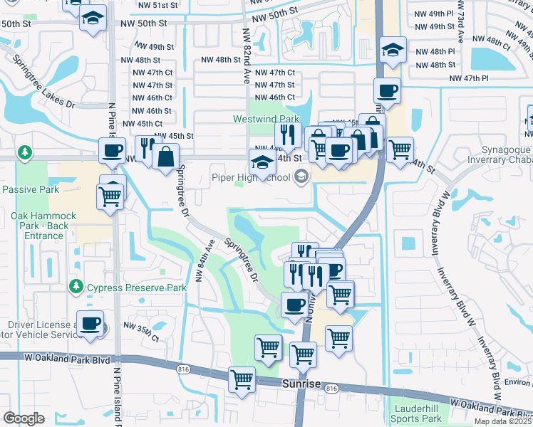 map of restaurants, bars, coffee shops, grocery stores, and more near 8053 Northwest 41st Court in Sunrise