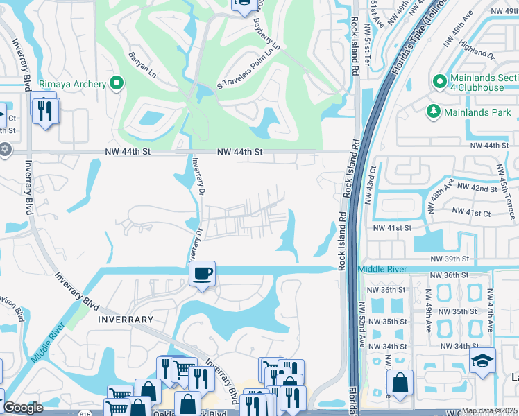 map of restaurants, bars, coffee shops, grocery stores, and more near 4172 Inverrary Drive in Lauderhill