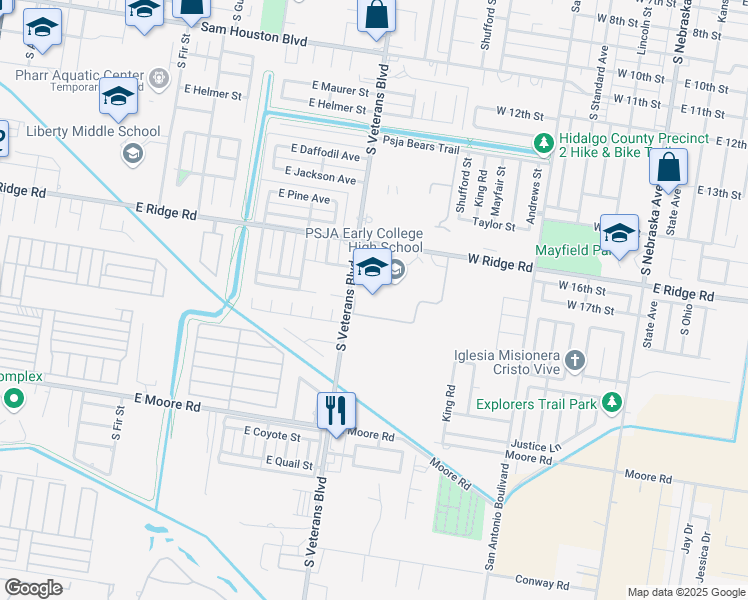 map of restaurants, bars, coffee shops, grocery stores, and more near 805 West Ridge Road in Pharr