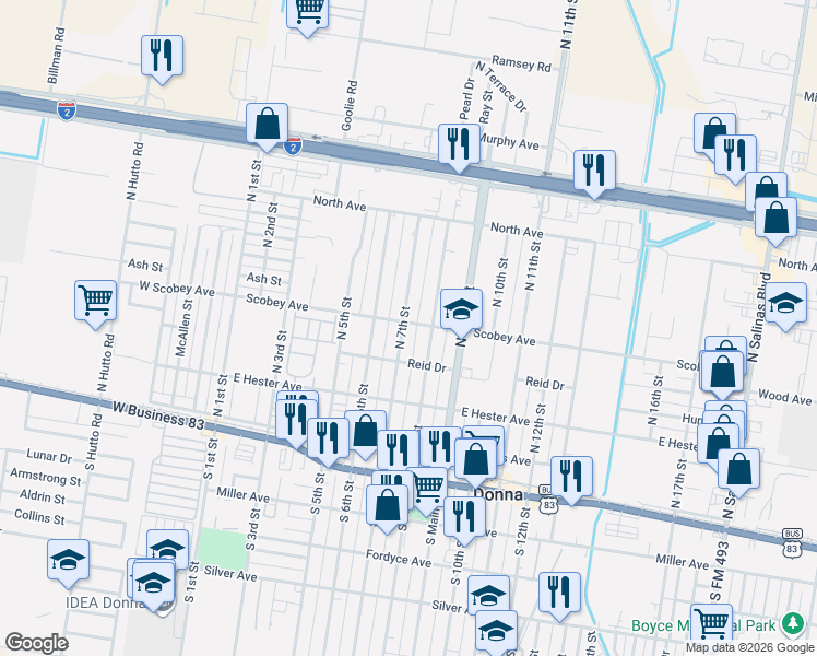 map of restaurants, bars, coffee shops, grocery stores, and more near 318 North 7th Street in Donna