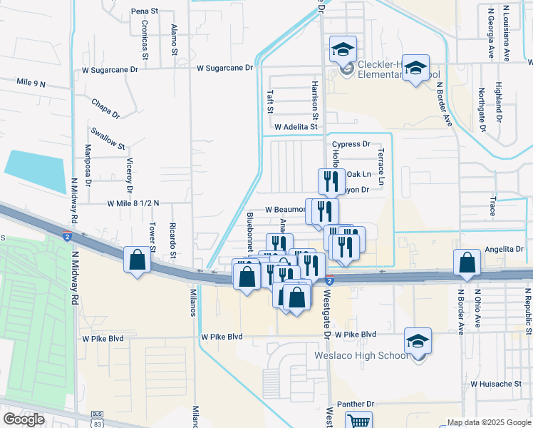 map of restaurants, bars, coffee shops, grocery stores, and more near 1920 West Beaumont Drive in Weslaco