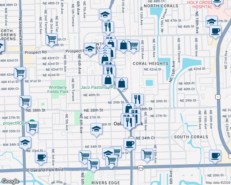 map of restaurants, bars, coffee shops, grocery stores, and more near 4030 Northeast 10th Avenue in Oakland Park