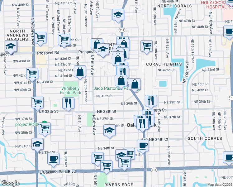 map of restaurants, bars, coffee shops, grocery stores, and more near 822 Northeast 40th Court in Oakland Park