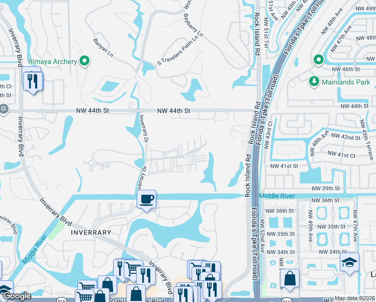 map of restaurants, bars, coffee shops, grocery stores, and more near 4172 Inverrary Drive in Lauderhill