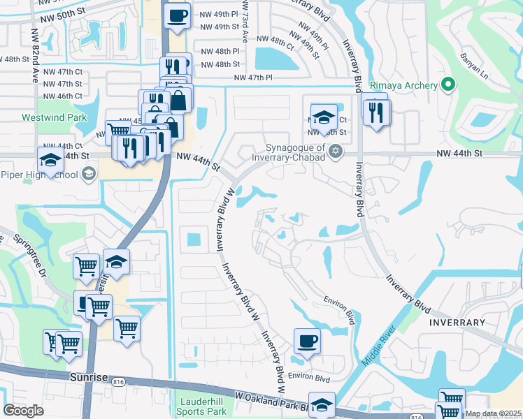 map of restaurants, bars, coffee shops, grocery stores, and more near 7400 Radice Court in Lauderhill