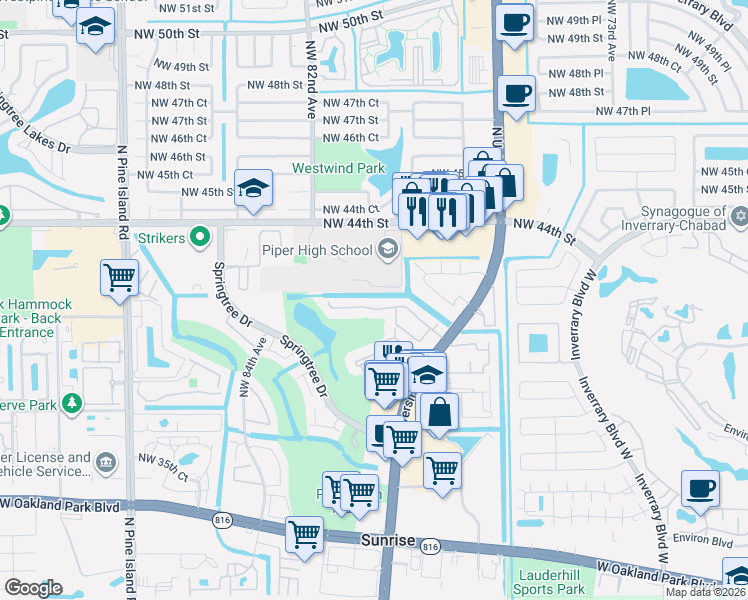 map of restaurants, bars, coffee shops, grocery stores, and more near 7963 Northwest 41st Court in Sunrise