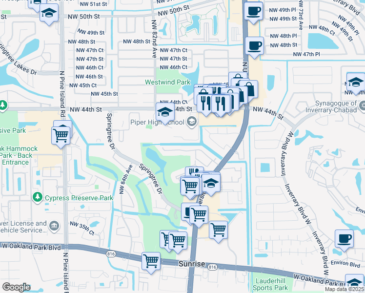 map of restaurants, bars, coffee shops, grocery stores, and more near 7963 Northwest 41st Court in Sunrise