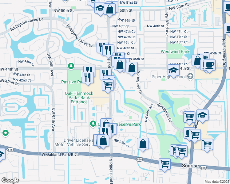 map of restaurants, bars, coffee shops, grocery stores, and more near 4108 North Pine Island Road in Sunrise
