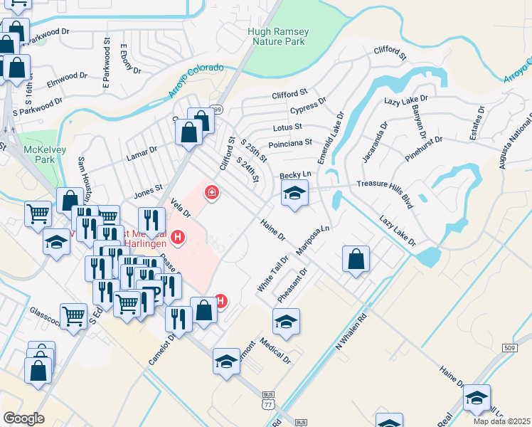 map of restaurants, bars, coffee shops, grocery stores, and more near 2210 Treasure Hills Boulevard in Harlingen
