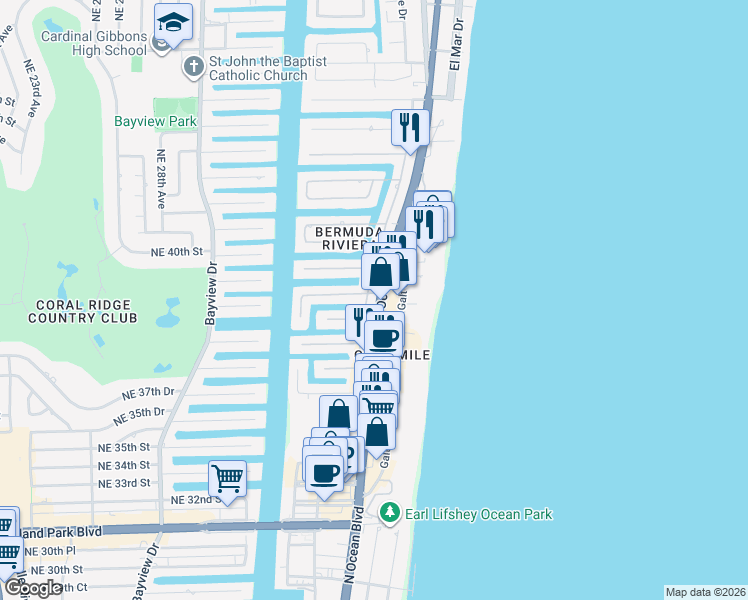 map of restaurants, bars, coffee shops, grocery stores, and more near 3909 North Ocean Boulevard in Fort Lauderdale
