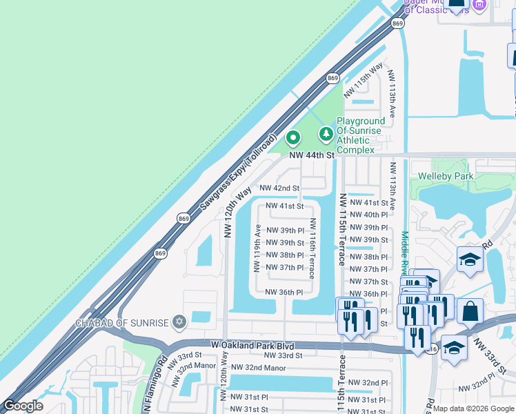 map of restaurants, bars, coffee shops, grocery stores, and more near 4757 Northwest 119th Avenue in Sunrise