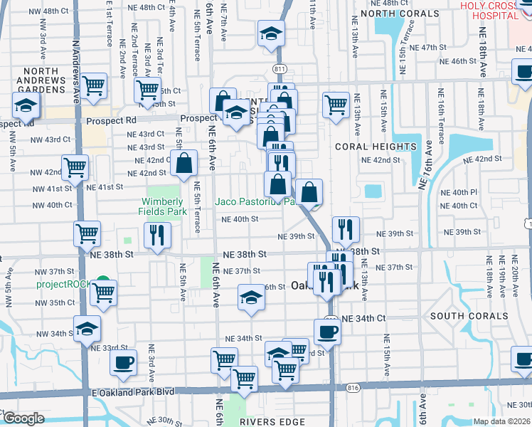 map of restaurants, bars, coffee shops, grocery stores, and more near 822 Northeast 40th Court in Oakland Park