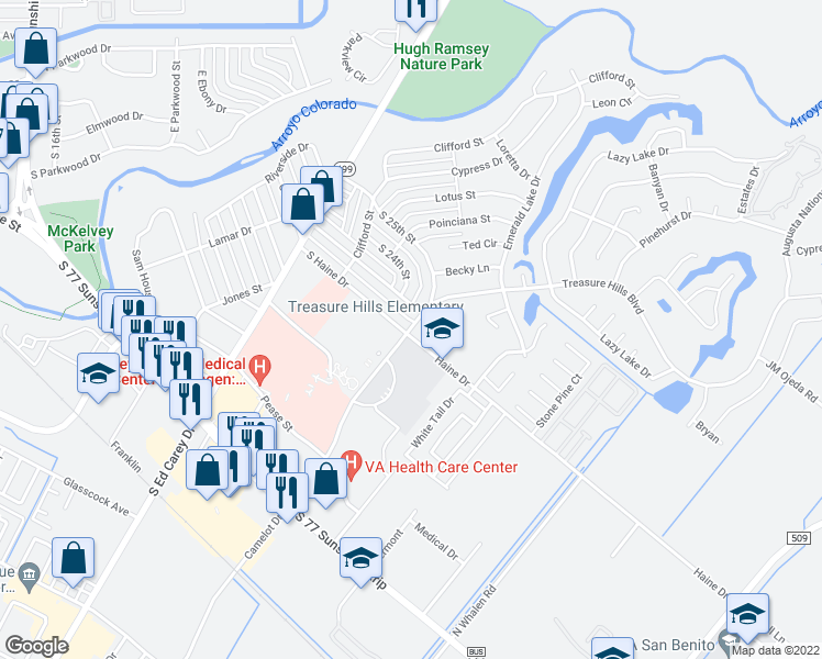 map of restaurants, bars, coffee shops, grocery stores, and more near 2206 Treasure Hills Boulevard in Harlingen