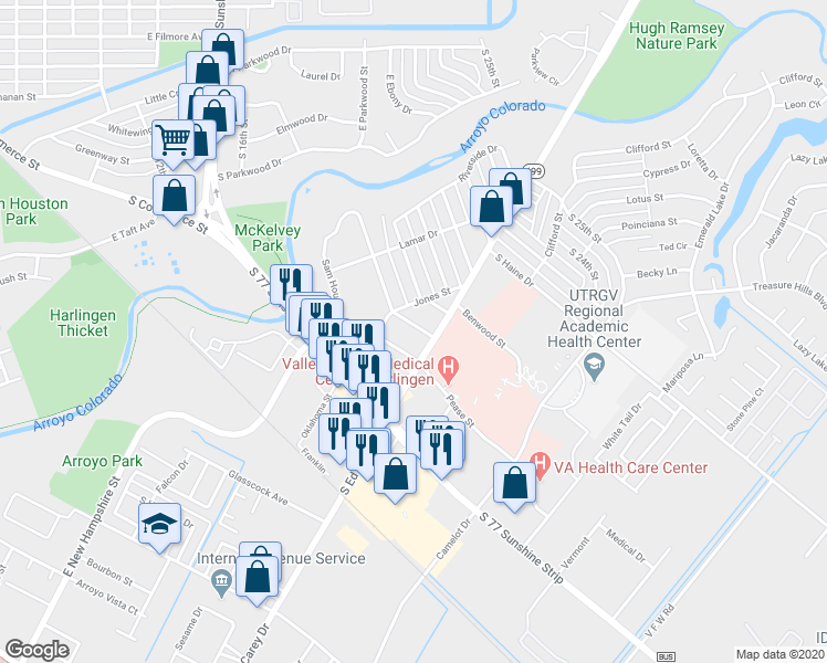 map of restaurants, bars, coffee shops, grocery stores, and more near 1902 Runnels Street in Harlingen
