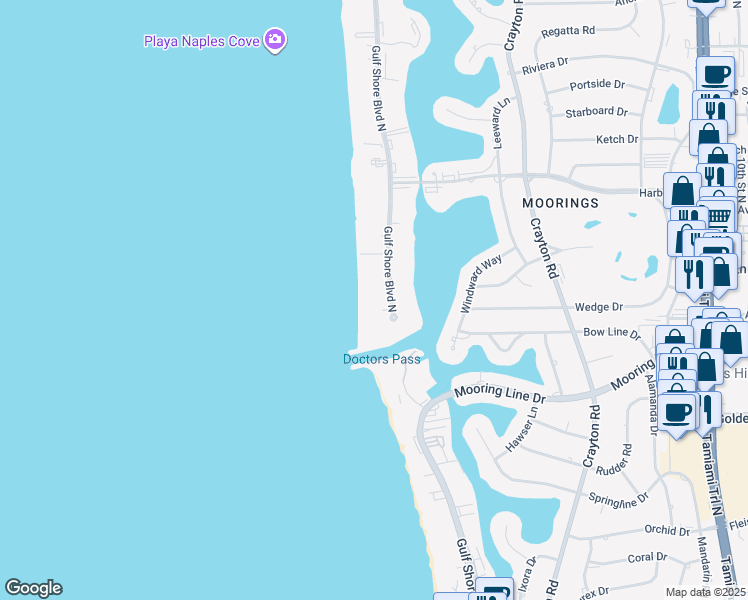 map of restaurants, bars, coffee shops, grocery stores, and more near 2401 Gulf Shore Boulevard North in Naples