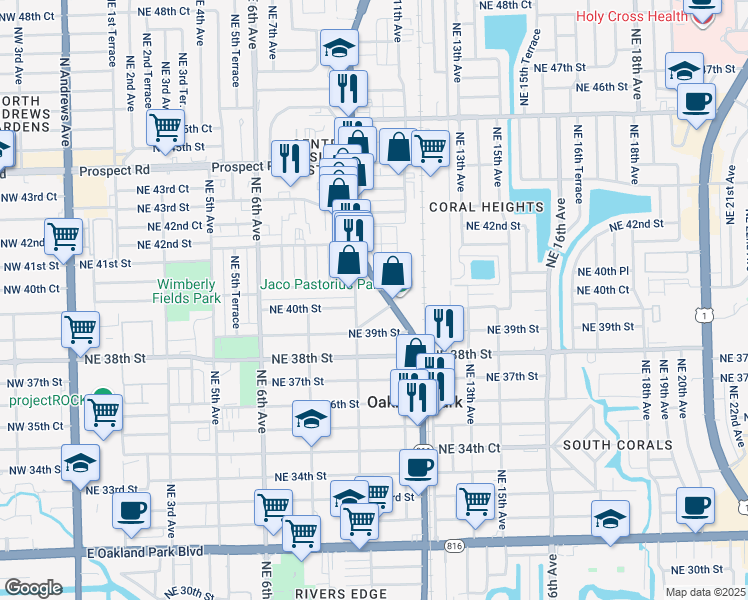 map of restaurants, bars, coffee shops, grocery stores, and more near 4030 Northeast 10th Avenue in Oakland Park