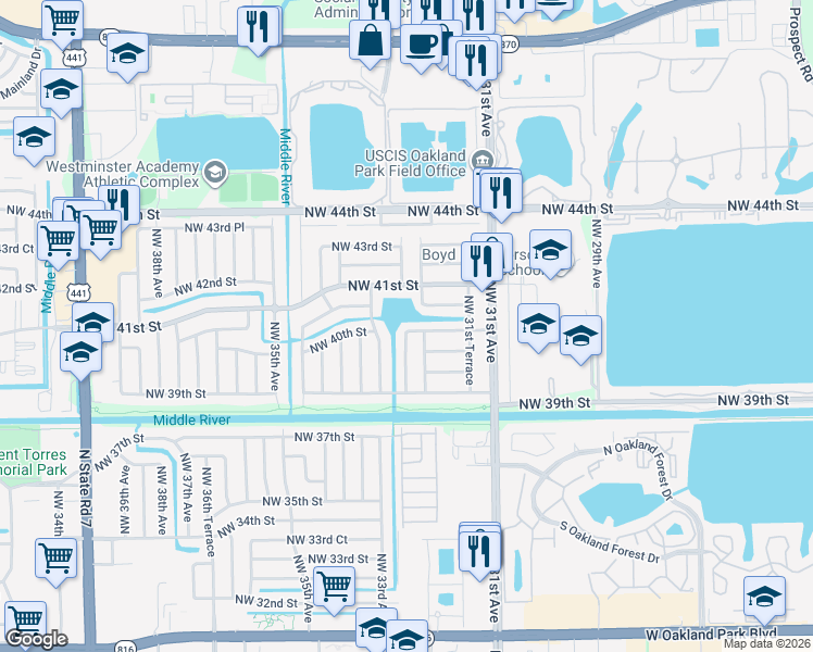 map of restaurants, bars, coffee shops, grocery stores, and more near 3201 Northwest 40th Street in Lauderdale Lakes