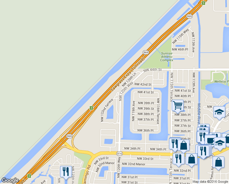 map of restaurants, bars, coffee shops, grocery stores, and more near 3963 Northwest 122nd Terrace in Sunrise