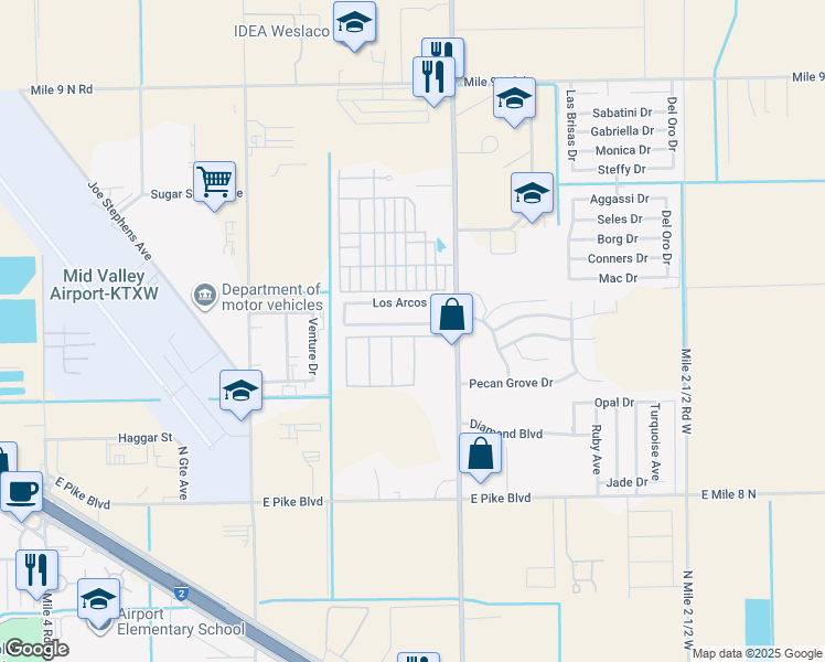 map of restaurants, bars, coffee shops, grocery stores, and more near 3216 Los Arcos Circle in Weslaco