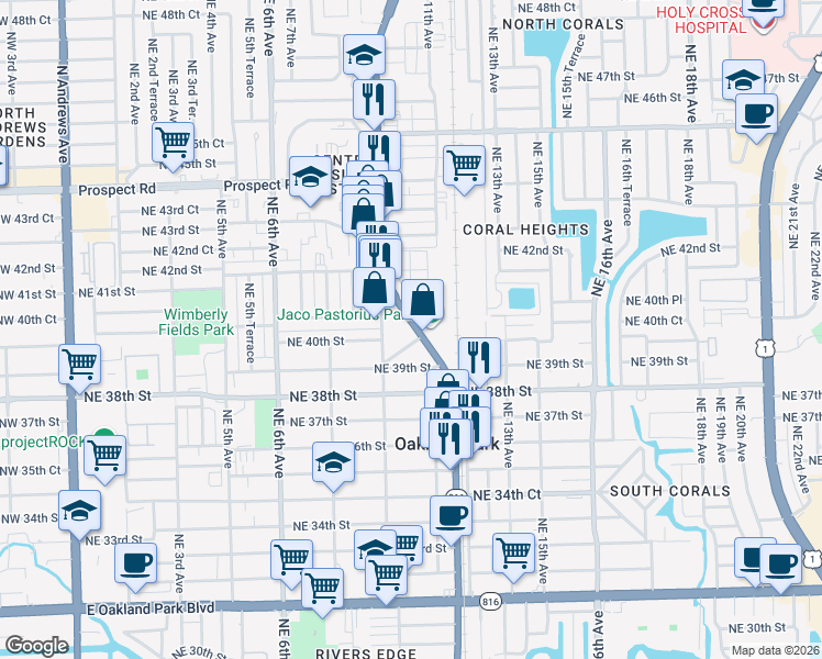 map of restaurants, bars, coffee shops, grocery stores, and more near 1079 Northeast 40th Court in Oakland Park