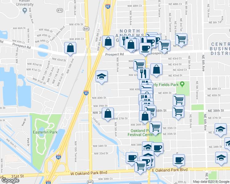 map of restaurants, bars, coffee shops, grocery stores, and more near 4027 Northwest 5th Avenue in Oakland Park