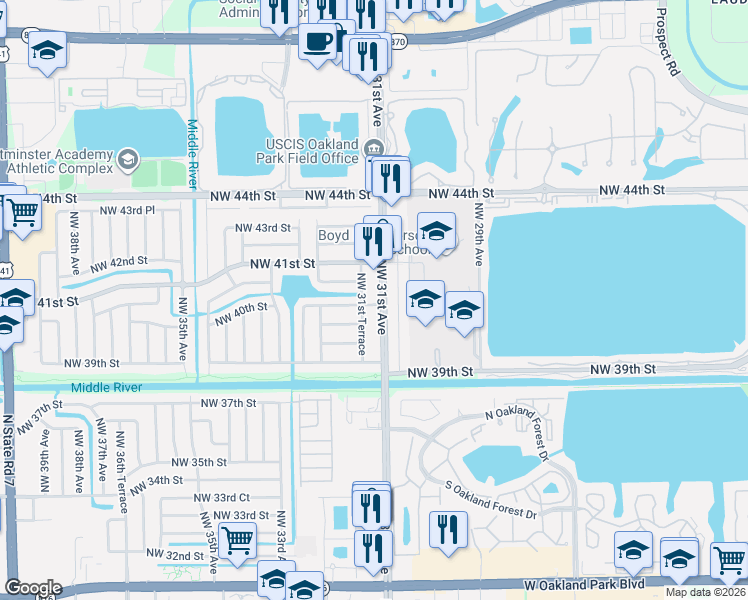 map of restaurants, bars, coffee shops, grocery stores, and more near 4021 Northwest 30th Terrace in Lauderdale Lakes