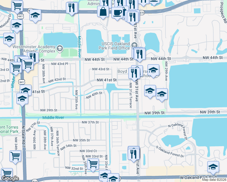 map of restaurants, bars, coffee shops, grocery stores, and more near 3201 Northwest 40th Street in Lauderdale Lakes