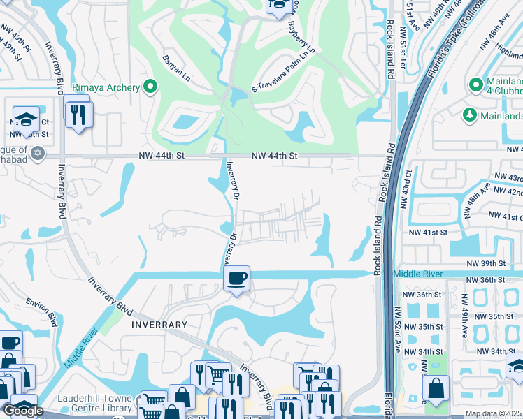 map of restaurants, bars, coffee shops, grocery stores, and more near 4124 Inverrary Drive in Lauderhill