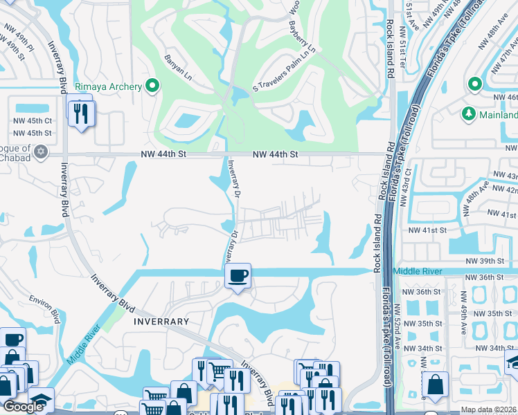 map of restaurants, bars, coffee shops, grocery stores, and more near 4124 Inverrary Drive in Lauderhill