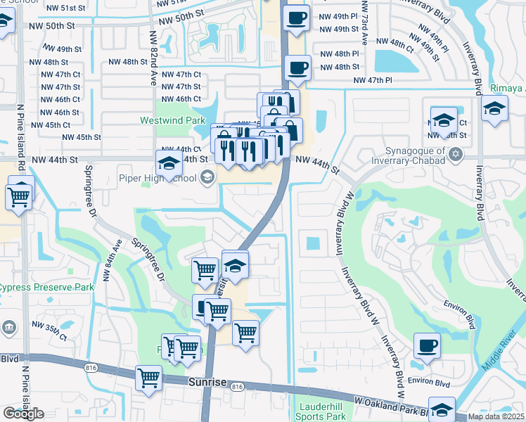 map of restaurants, bars, coffee shops, grocery stores, and more near 4255 North University Drive in Sunrise