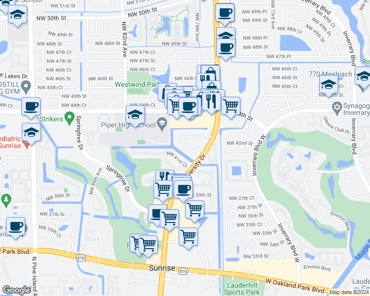 map of restaurants, bars, coffee shops, grocery stores, and more near 7649 Northwest 42nd Place in Sunrise