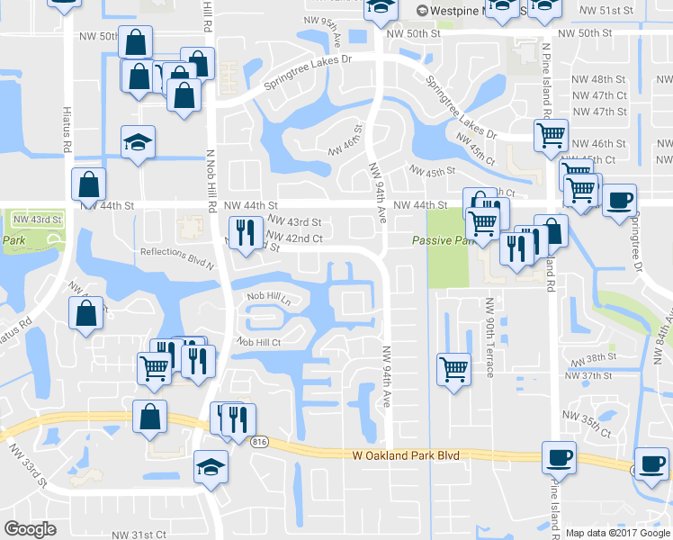 map of restaurants, bars, coffee shops, grocery stores, and more near 4120 Northwest 96th Terrace in Sunrise
