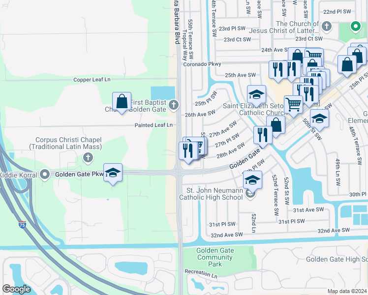 map of restaurants, bars, coffee shops, grocery stores, and more near 2724 Tropical Way in Naples