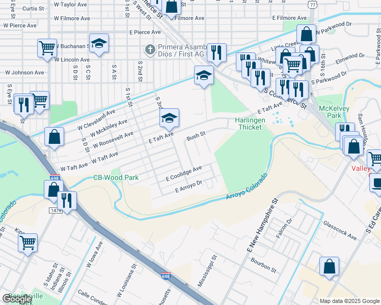 map of restaurants, bars, coffee shops, grocery stores, and more near 1617 Bush Street in Harlingen