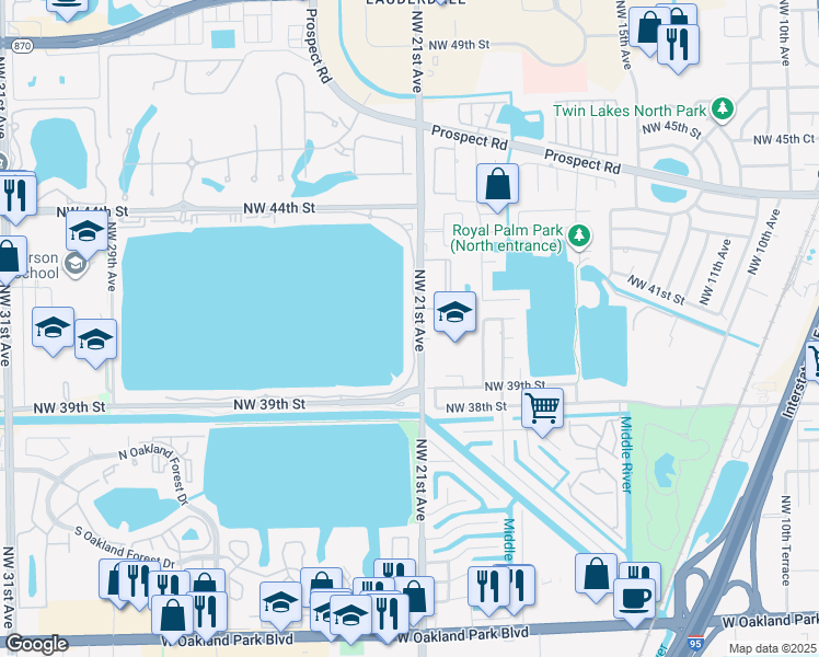 map of restaurants, bars, coffee shops, grocery stores, and more near 111 Lake Emerald Drive in Oakland Park