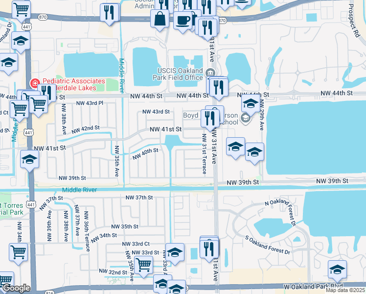 map of restaurants, bars, coffee shops, grocery stores, and more near 3201 Northwest 40th Street in Lauderdale Lakes