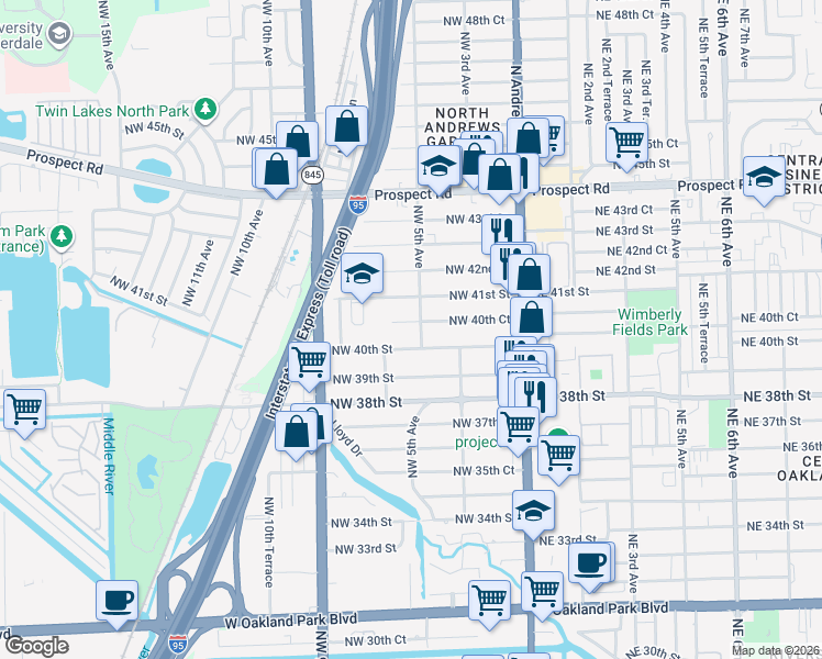 map of restaurants, bars, coffee shops, grocery stores, and more near 4027 Northwest 5th Avenue in Oakland Park