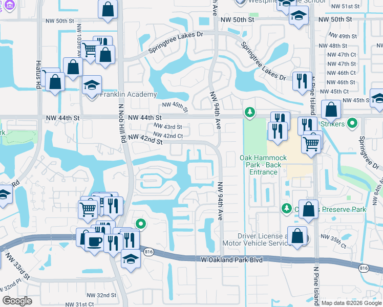 map of restaurants, bars, coffee shops, grocery stores, and more near 4120 Northwest 96th Terrace in Sunrise