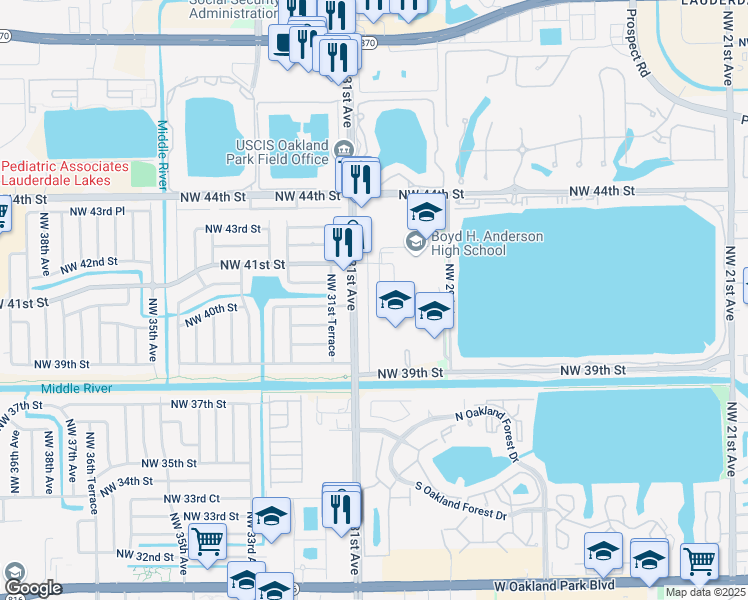 map of restaurants, bars, coffee shops, grocery stores, and more near 4010 Northwest 30th Terrace in Lauderdale Lakes