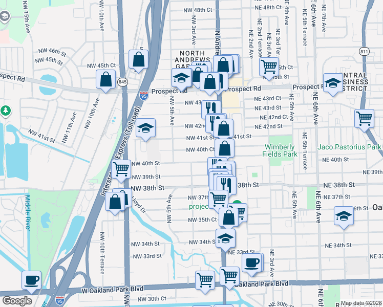 map of restaurants, bars, coffee shops, grocery stores, and more near 364 Northwest 40th Court in Oakland Park