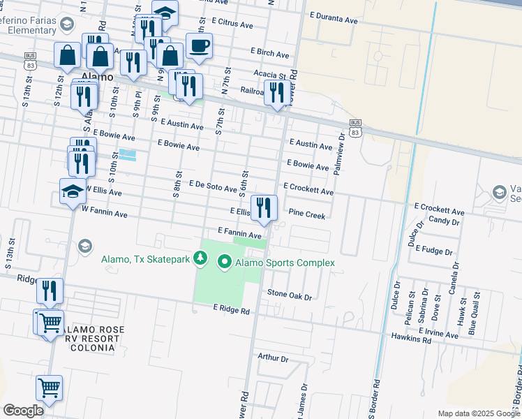 map of restaurants, bars, coffee shops, grocery stores, and more near 530 Ellis Avenue in Alamo
