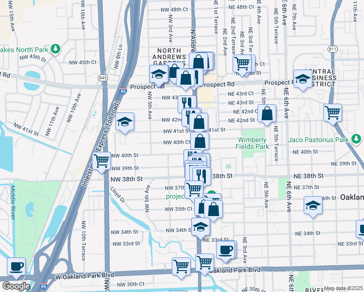 map of restaurants, bars, coffee shops, grocery stores, and more near 146 Northwest 40th Court in Oakland Park