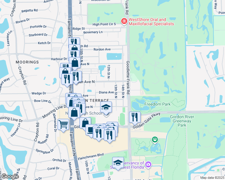 map of restaurants, bars, coffee shops, grocery stores, and more near 2405 13th Street North in Naples